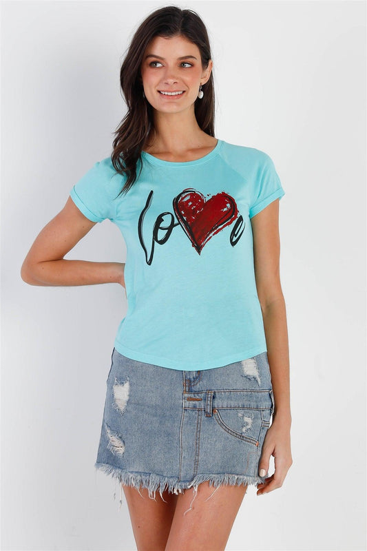 "Love" Print Mint Short Sleeve T-Shirt Top /2-2-2 - Tasha Apparel Wholesale