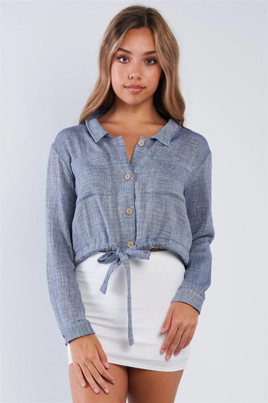 Soft Denim Colored Cropped Collared Long Sleeve Button Up Draw String Waist Tie - Tasha Apparel Wholesale