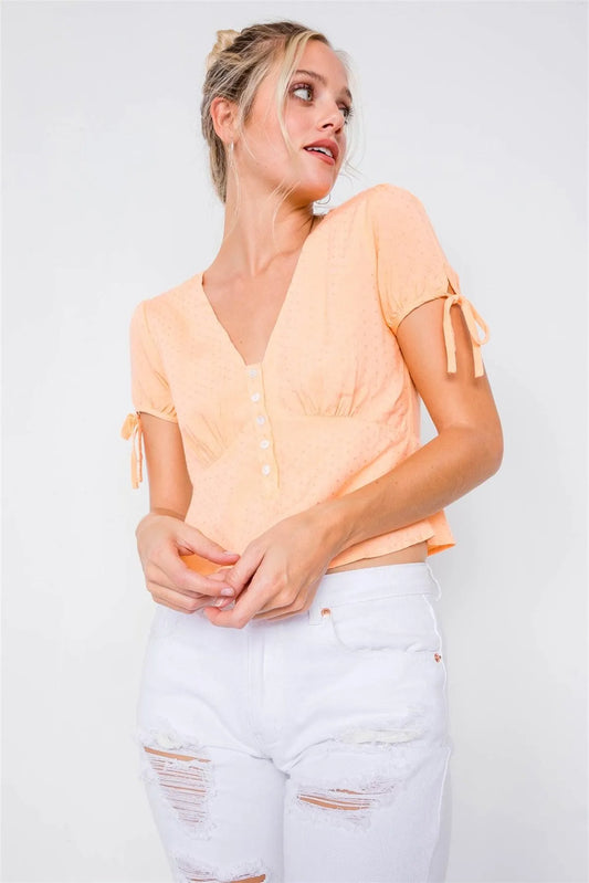 Light Orange Short Sleeve Baby Doll Button Down Sleeve Tie Top /3-2-1 - Tasha Apparel Wholesale