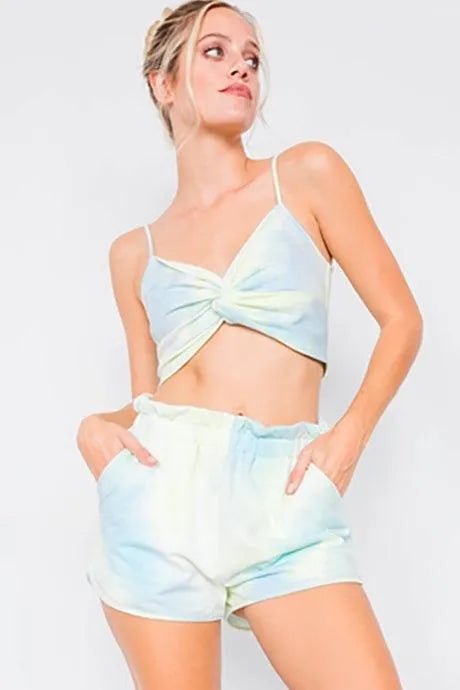 Neon Mint Tie Dye Front Twist Crop Top & High Waist Chic Flounce Short Set /3-2-1 - Tasha Apparel Wholesale