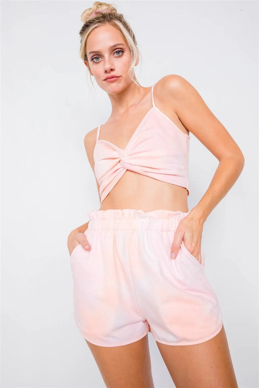 Pink Tie Dye Front Twist Crop Top & High Waist Chic Flounce Short Set /3-2-1 - Tasha Apparel Wholesale