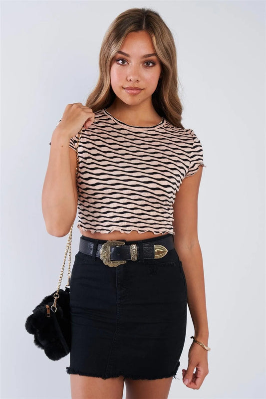 Blush & Black Textured Retro Striped Ruffled Hem Crop Tee /3-2-1 - Tasha Apparel Wholesale