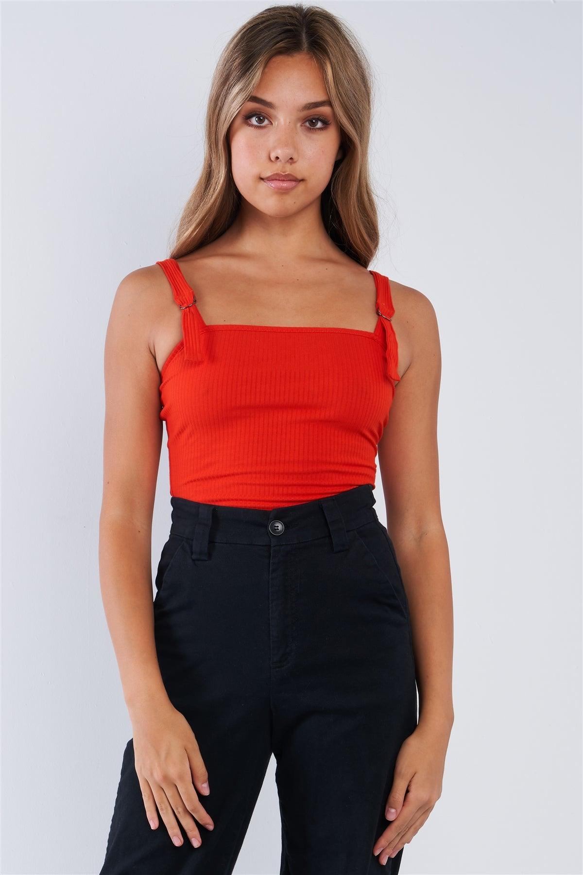 Bright Red Ribbed D-ring Square Neck Bodysuit