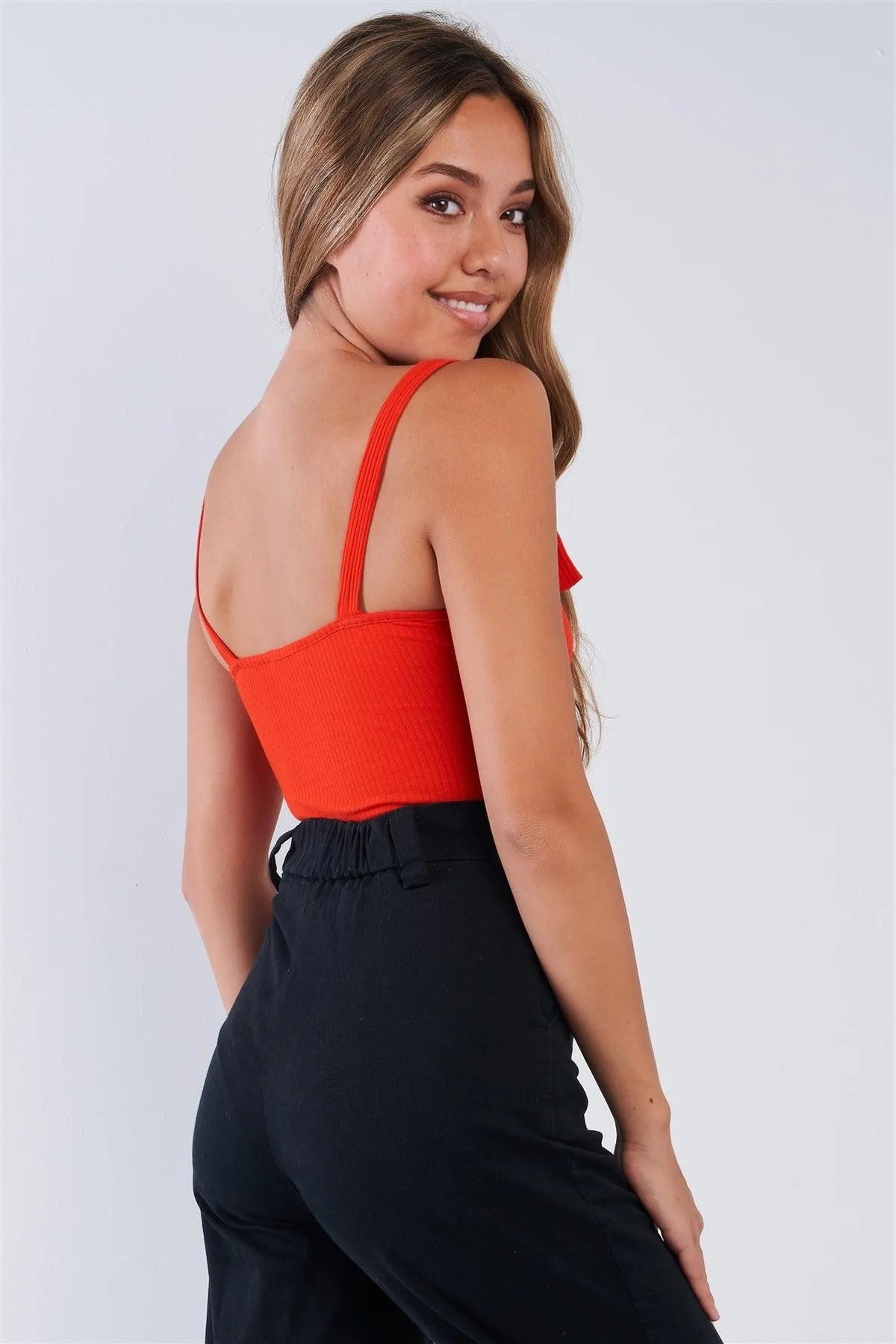 Red Ribbon Body Bright Red Ribbed D-ring Square Neck Bodysuit