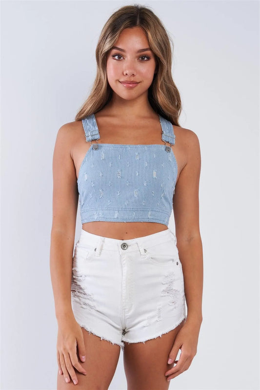Light Denim White Striped Overall Cropped Top - Tasha Apparel Wholesale