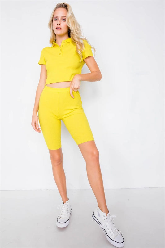 Neon Yellow Athletic Short Sleeve Polo Ribbed Crop Top & Biker Short Set /3-2-1 - Tasha Apparel Wholesale