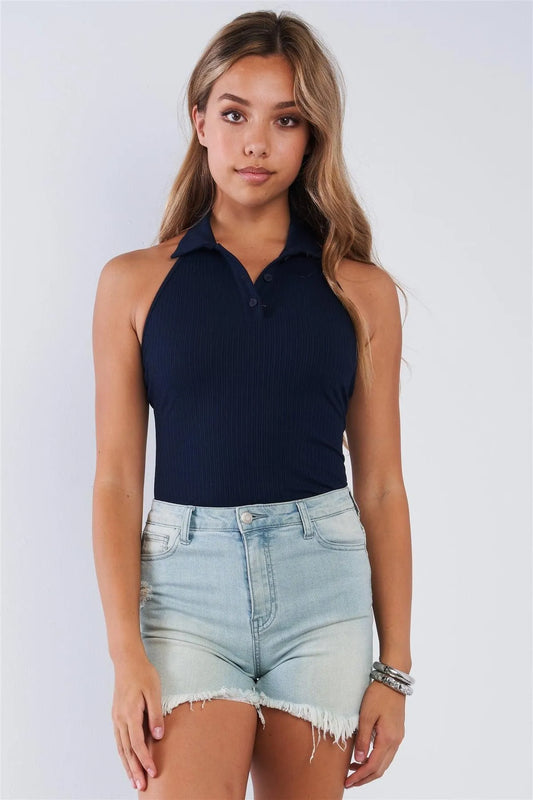 Navy Blue Collared Ribbed Button Up Sleeveless Halter Bodysuit - Tasha Apparel Wholesale