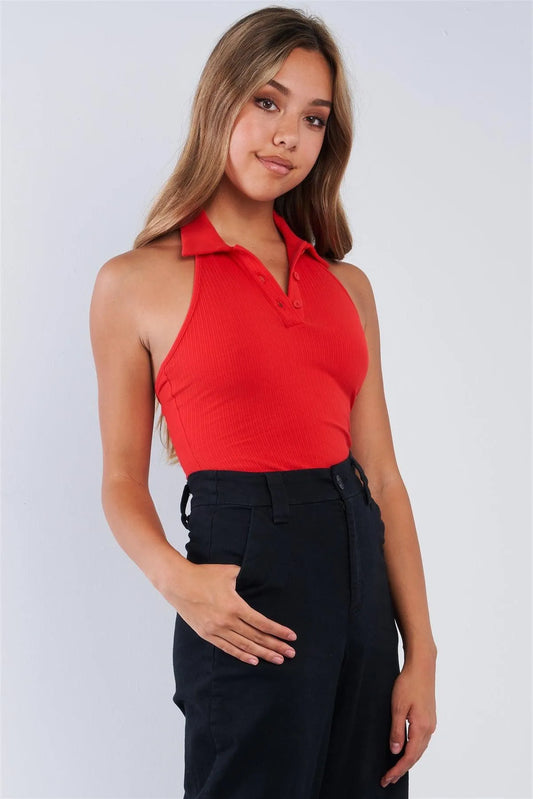 Red Collared Ribbed Button Up Sleeveless Halter Bodysuit /3-2-1 - Tasha Apparel Wholesale