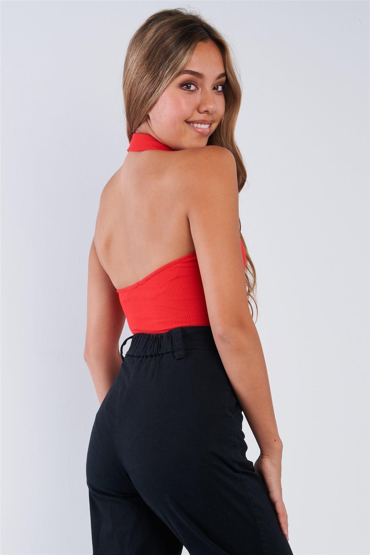 Red Collared Ribbed Button Up Sleeveless Halter Bodysuit /3-2-1