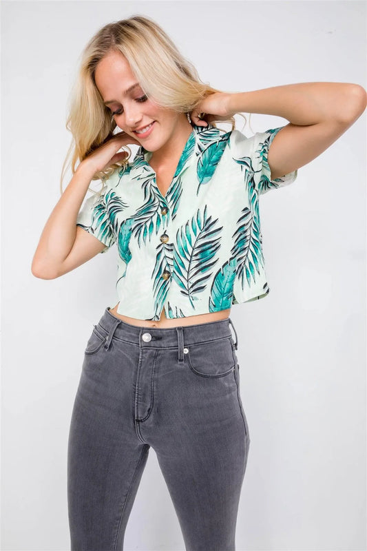 Green Linen Palm Tree WovenChic V-Neck Short Sleeve Top /2-2-1 - Tasha Apparel Wholesale