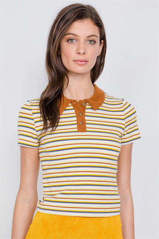 Camel Combo Stripe Crop Polo Short Sleeve T-Shirt /3-2-1 - Tasha Apparel Wholesale