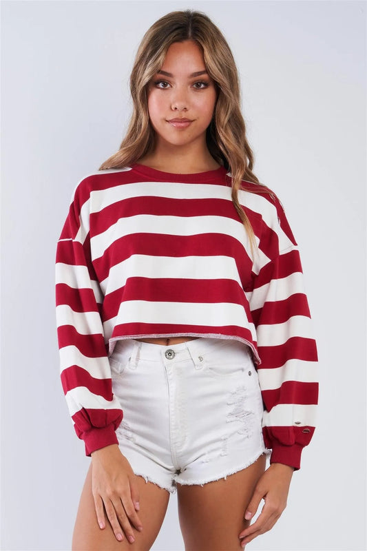White & Red Striped Cropped Crew Neck Sweater /3-2-1 - Tasha Apparel Wholesale