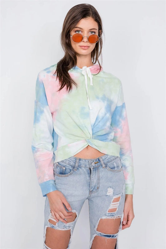 Tie Dye Front Rolled Knot High-Low Cotton Hoodie / 3-2-1 - Tasha Apparel Wholesale