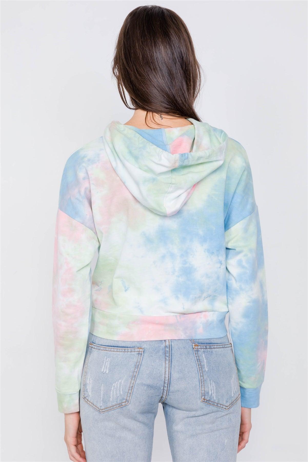 Tie Dye Front Rolled Knot High-Low Cotton Hoodie / 3-2-1