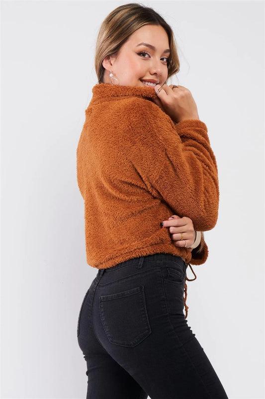 Caramel Soft Plush Collared Zip-Up Neckline Relaxed Fit Crop Sweater /1-2-2 - Tasha Apparel Wholesale