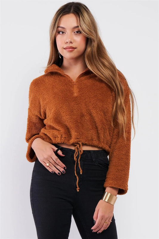 Caramel Soft Plush Collared Zip-Up Neckline Relaxed Fit Crop Sweater /3-2-1 - Tasha Apparel Wholesale
