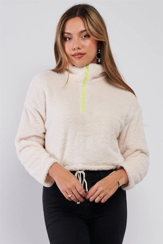 Cream Soft Plush Collared Neon Yellow Zip-Up Neckline Detail Relaxed Fit Crop Sweater /3-2-1 - Tasha Apparel Wholesale