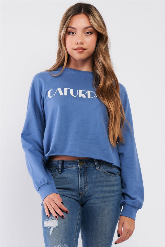 Dusty Blue Embroidered "Caturday" Long Sleeve Round Neck Cropped Sweater /3-2-1 - Tasha Apparel Wholesale