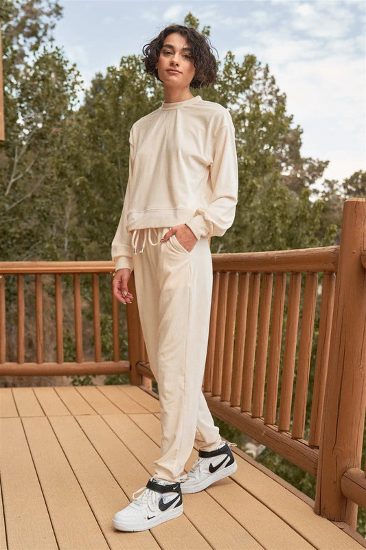 Ivory Corduroy Volume Sleeve Top & High-Waisted Pants Set /3-2-1 - Tasha Apparel Wholesale