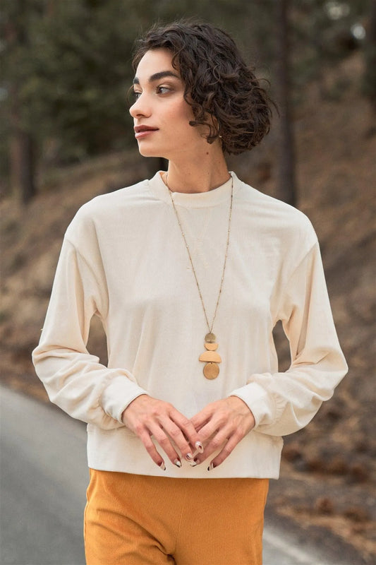 Ivory Corduroy Long Volume Sleeve High Neck Top /3-2-1 - Tasha Apparel Wholesale