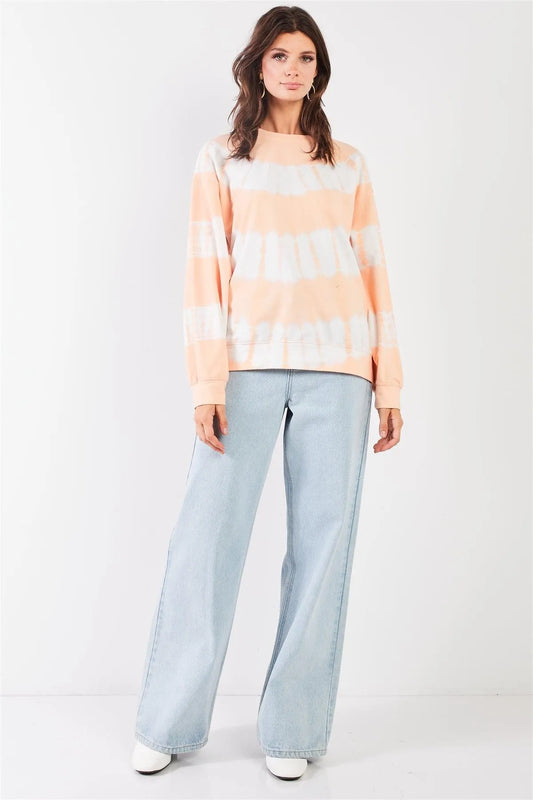 Peach White Tie-Dye Oversized Crew Neck Sweatshirt - Tasha Apparel Wholesale