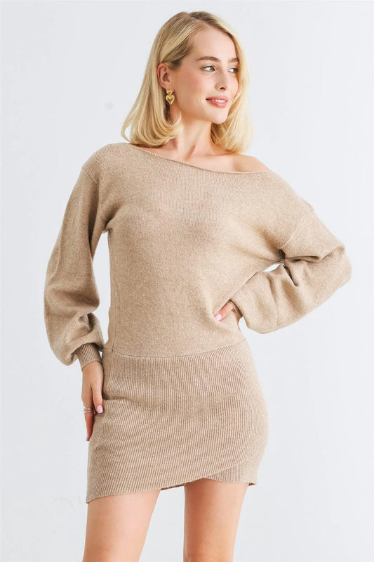 Tan Knit Puff Long Sleeve Wrap Hem Mini Dress /1-1-2-1 - Tasha Apparel Wholesale