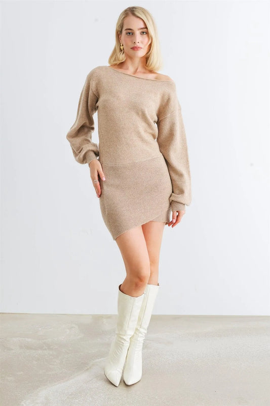 Tan Knit Puff Long Sleeve Wrap Hem Mini Dress /1-2-2-1 - Tasha Apparel Wholesale