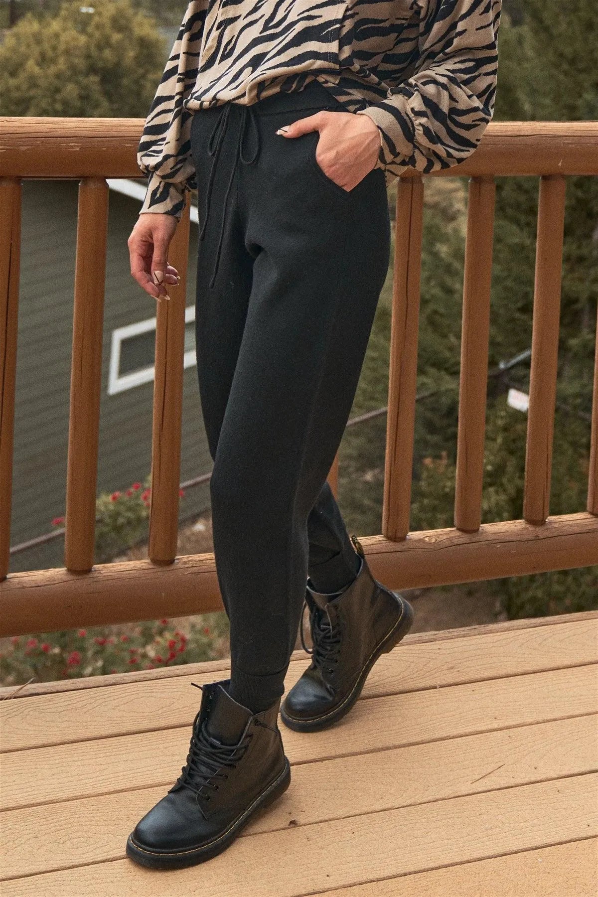 Black High Waist Self-Tie String Lapel Bottom Hem Detail Jogger Pants /3-2-1 - Tasha Apparel Wholesale