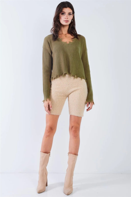 Beige Knit High Waist Stretchy Fuzzy Biker Shorts /3-2-1 - Tasha Apparel Wholesale