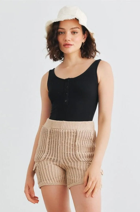 Taupe Knit Cotton Four Pocket High Waist Shorts - Tasha Apparel Wholesale