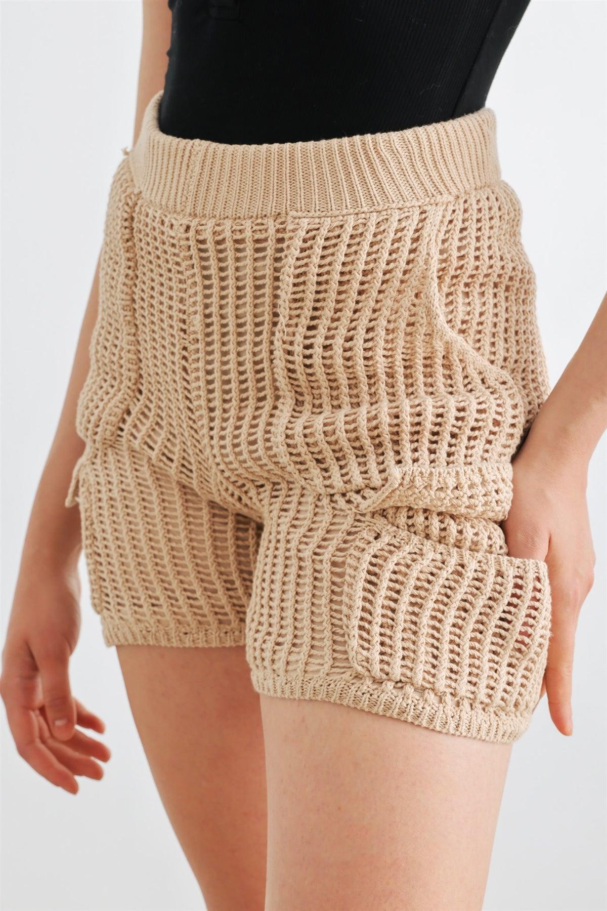 Taupe Knit Cotton Four Pocket High Waist  Shorts /1-2-2-1