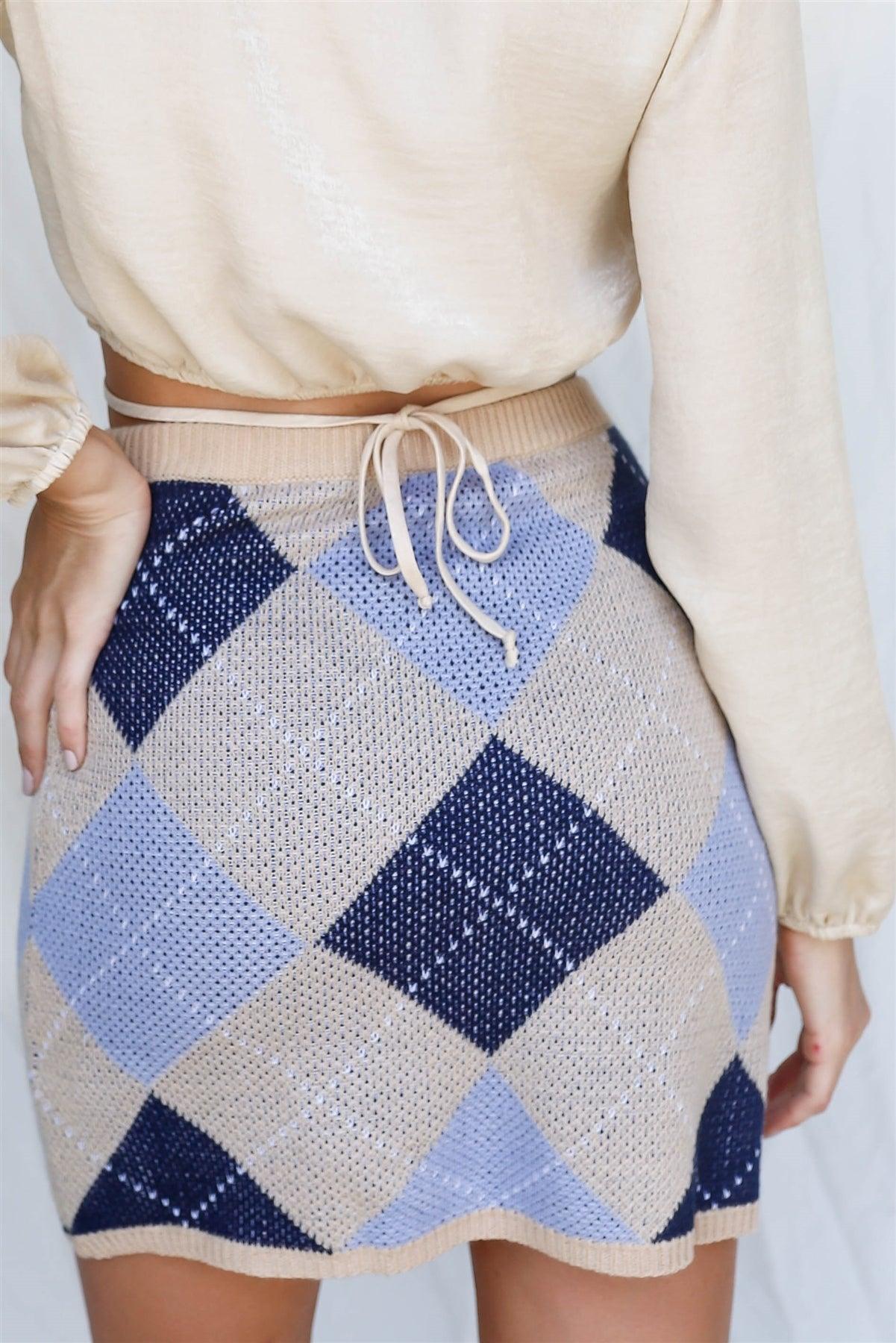 Taupe & Navy Argyle Knit Mini Skirt /3-2-1