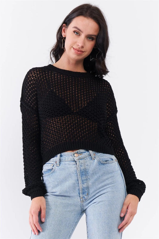 Black Open Knit Round Neck Relaxed Fit Sweater /3-2-1 - Tasha Apparel Wholesale