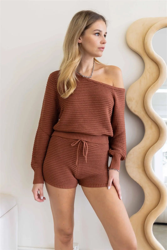 Brown Knit Cold Shoulder Top & Shorts Set /3-2-1 - Tasha Apparel Wholesale