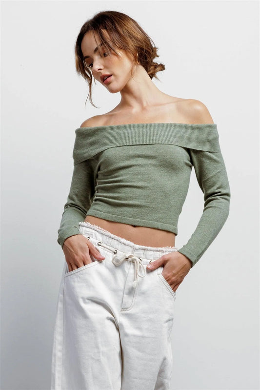 Sage Knit Off-The-Shoulder Long Sleeve Top /3-2-1 - Tasha Apparel Wholesale