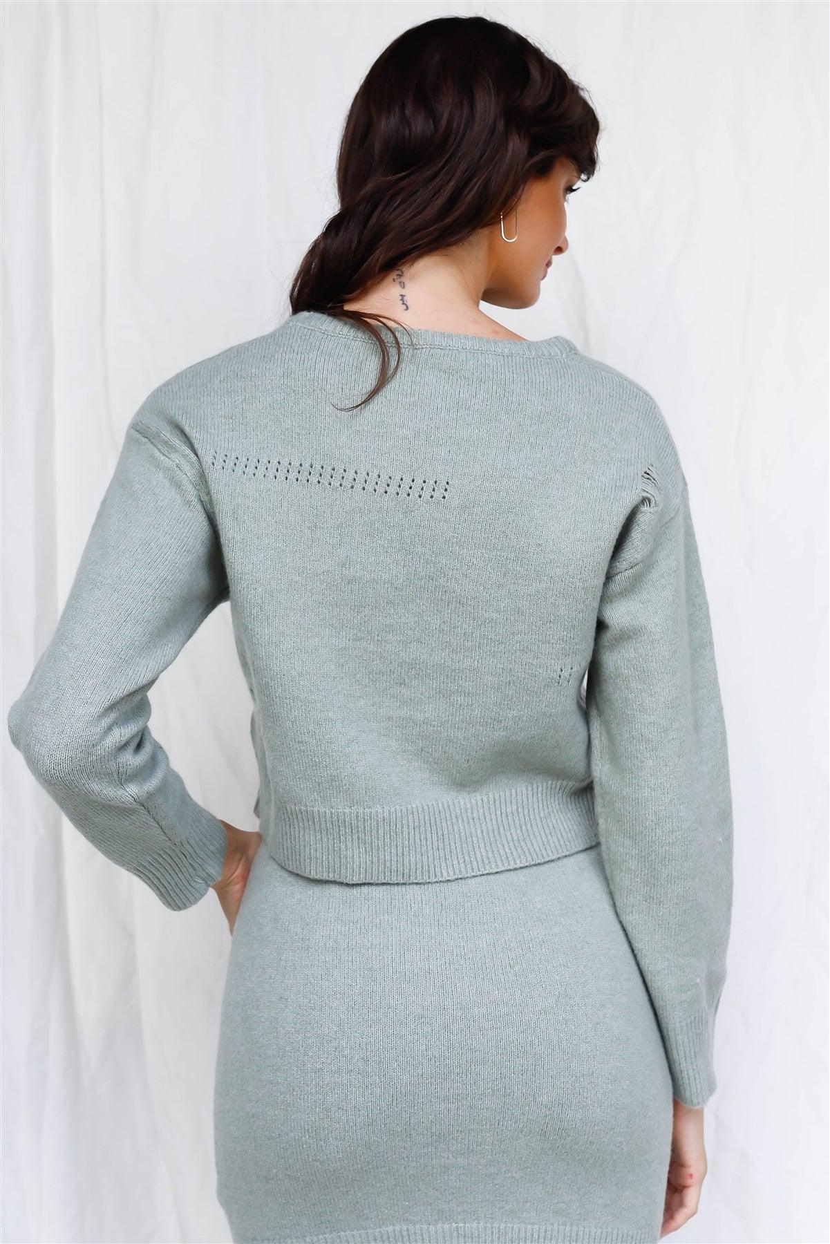 Green Knit Distressed Long Sleeve Sweater & Mini Skirt Set /3-2-1