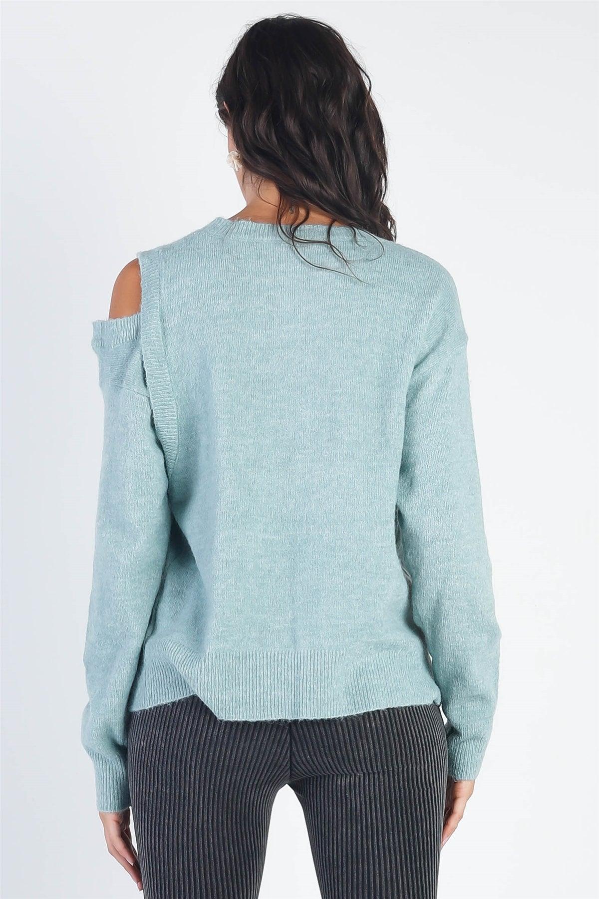 Teal Knit One Side Cold Shoulder Long Sleeve Sweater /3-2-1