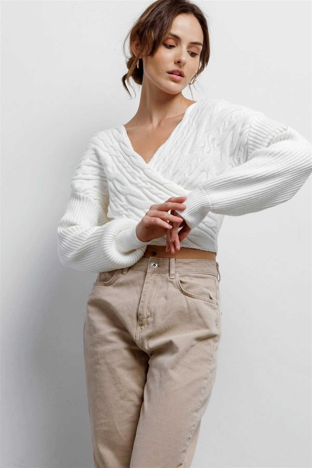 Ivory Cable Knit Wrap V-Neck Long Sleeve Cropped Sweater /3-2-1 - Tasha Apparel Wholesale