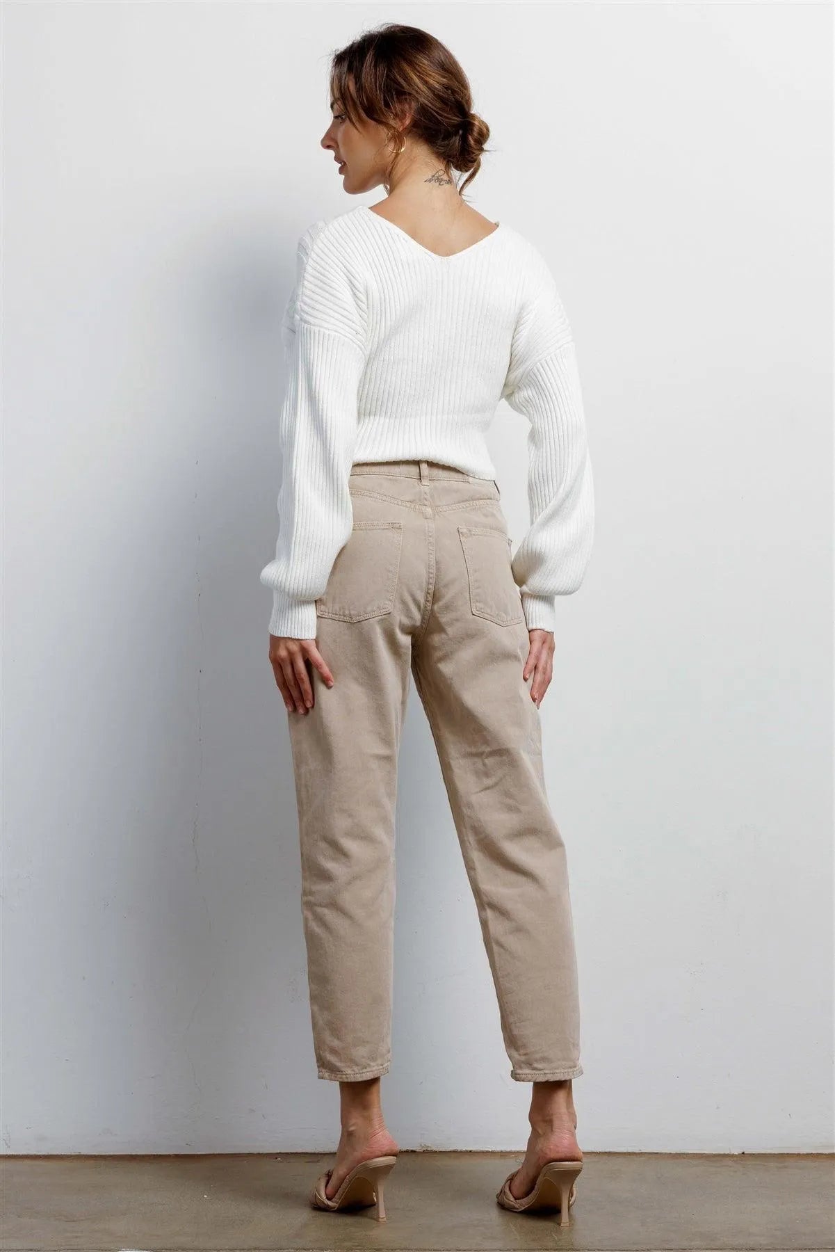Ivory Cable Knit Wrap V-Neck Long Sleeve Cropped Sweater /3-2-1 - Tasha Apparel Wholesale