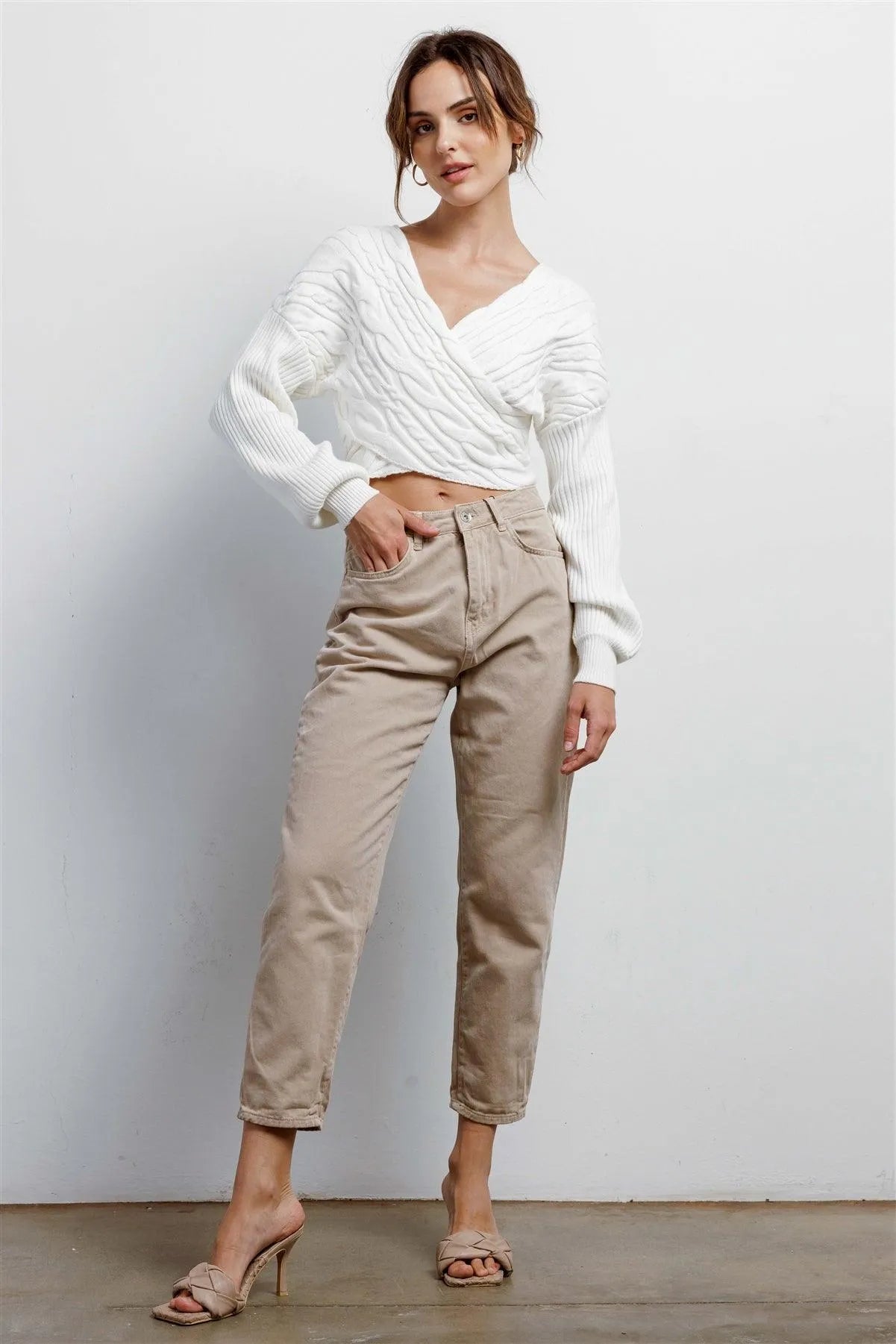 Ivory Cable Knit Wrap V-Neck Long Sleeve Cropped Sweater /3-2-1 - Tasha Apparel Wholesale