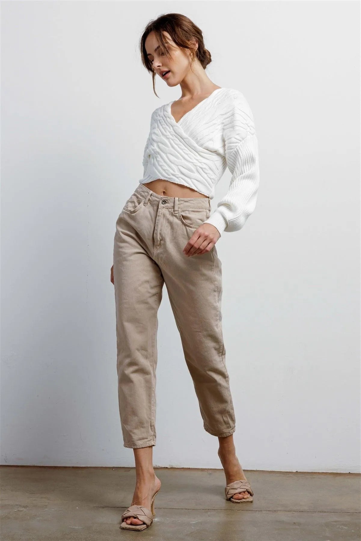 Ivory Cable Knit Wrap V-Neck Long Sleeve Cropped Sweater /3-2-1 - Tasha Apparel Wholesale