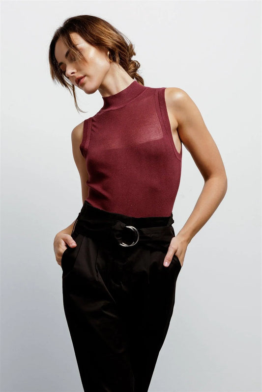 Wine Knit Mock Neck Sleeveless Bodysuit /3-2-1 - Tasha Apparel Wholesale