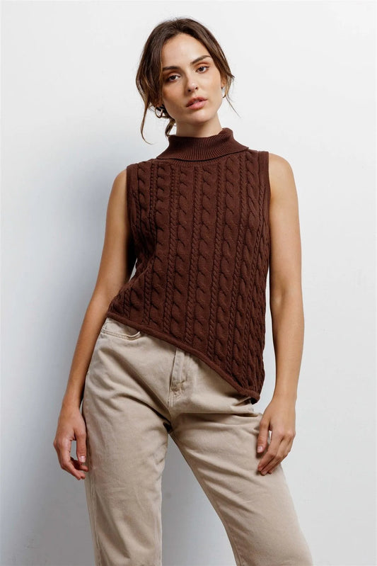 Chocolate Cotton Cable Knit Turtle Neck Sleeveless Asymmetrical Hem Top /3-2-1 - Tasha Apparel Wholesale
