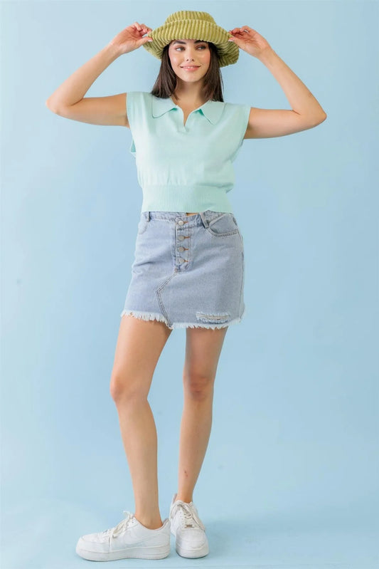 Aqua Sleeveless Collared Neck Crop Top /2-2-1 - Tasha Apparel Wholesale