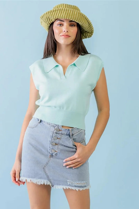 Aqua Sleeveless Collared Neck Crop Top /3-2-1 - Tasha Apparel Wholesale