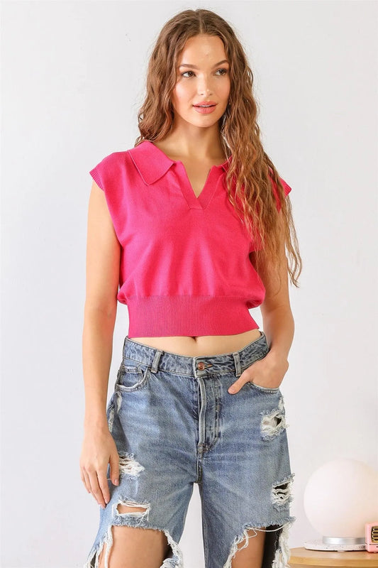 Fuchsia Sleeveless Collared Neck Crop Top /2-2-1 - Tasha Apparel Wholesale