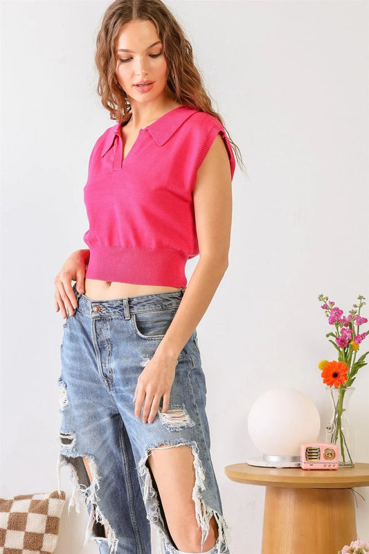 Fuchsia Sleeveless Collared Neck Crop Top /3-2-1 - Tasha Apparel Wholesale