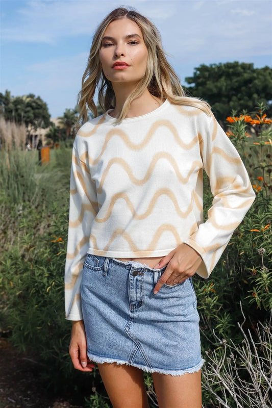 Ivory & Taupe Printed Crew Neck Long Sleeve Crop Top /3-2-1 - Tasha Apparel Wholesale