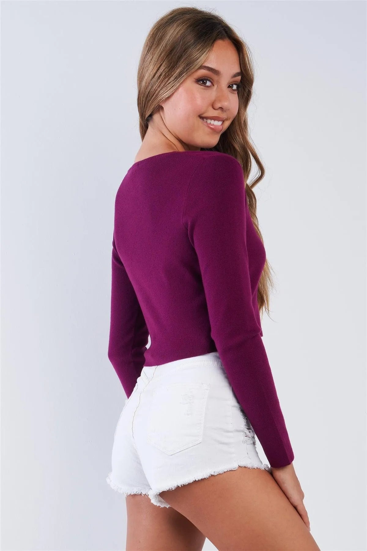 Plum Wine Long Sleeve Button Up Cardigan Sweater /3-2-1 - Tasha Apparel Wholesale