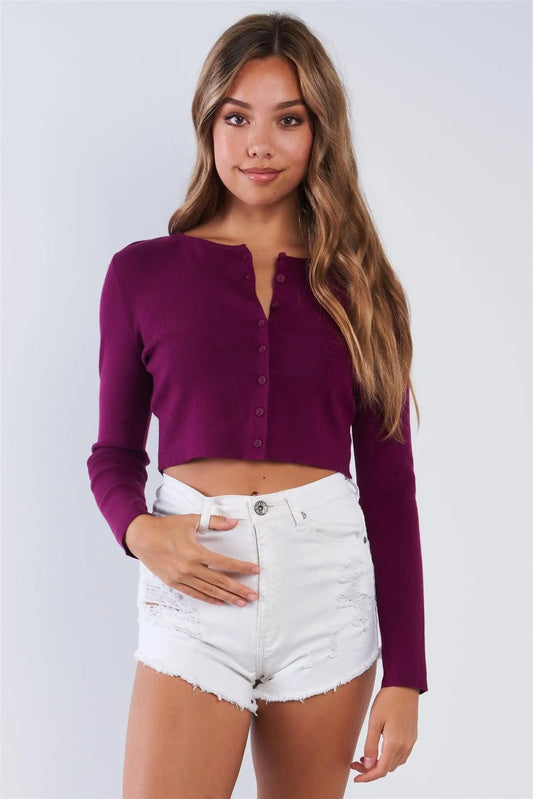 Plum Wine Long Sleeve Button Up Cardigan - Tasha Apparel Wholesale